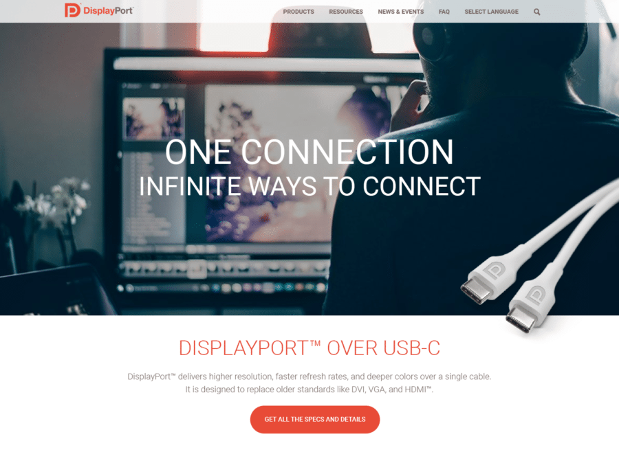 Screenshot of DisplayPort website on desktop