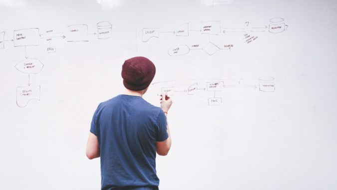 A man wearing a beanie is writing on a white board